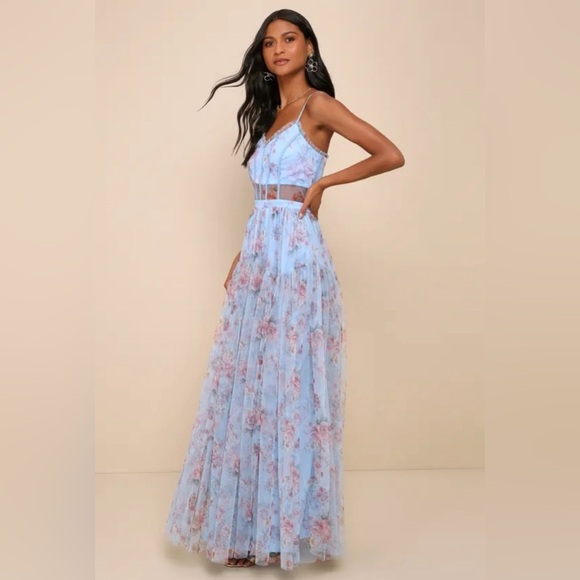 Lulus Sultry Luxury Blue Floral Print Mesh Tiered Bustier
Maxi Dress, Size XL - Picture 7 of 7